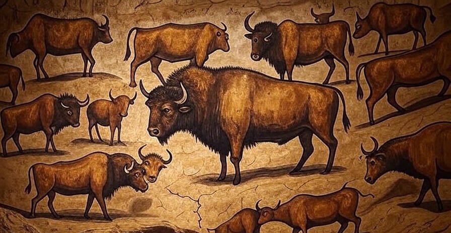 Ancient artz cave painting depicting aurochs, horses, and deer in Lascaux, France
