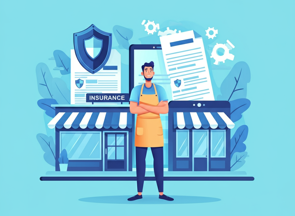 A small business owner standing confidently in front of their shop with a shield icon symbolizing protection, representing MyWebInsurance.com.