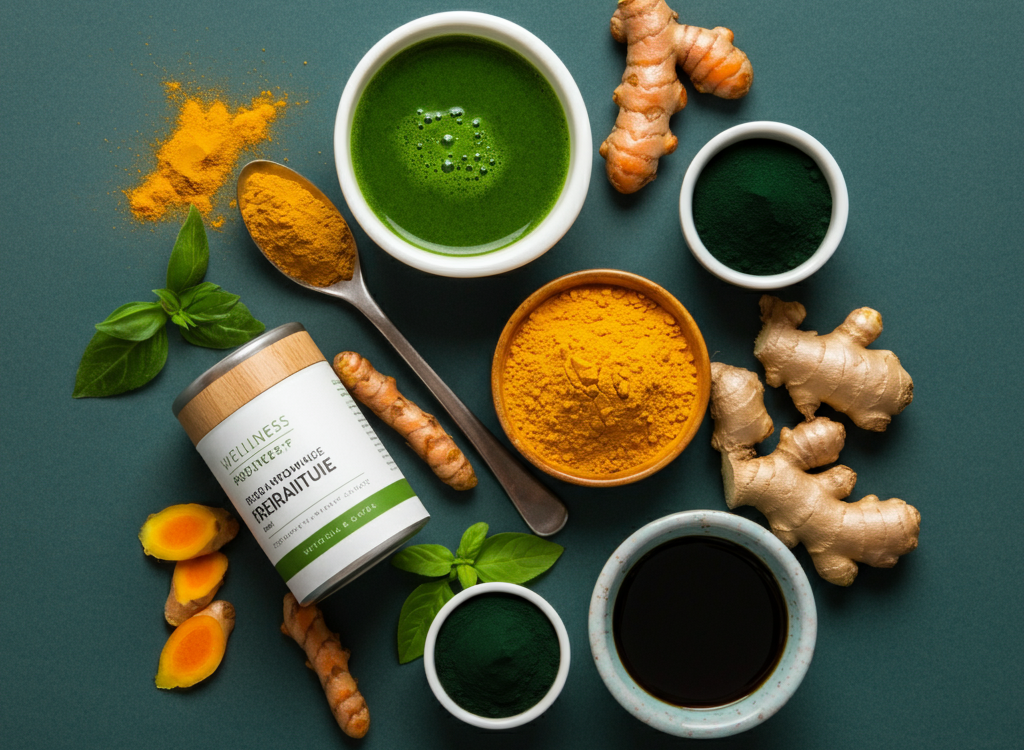 Natural ingredients like turmeric, ginger, and spirulina representing Candizi wellness.