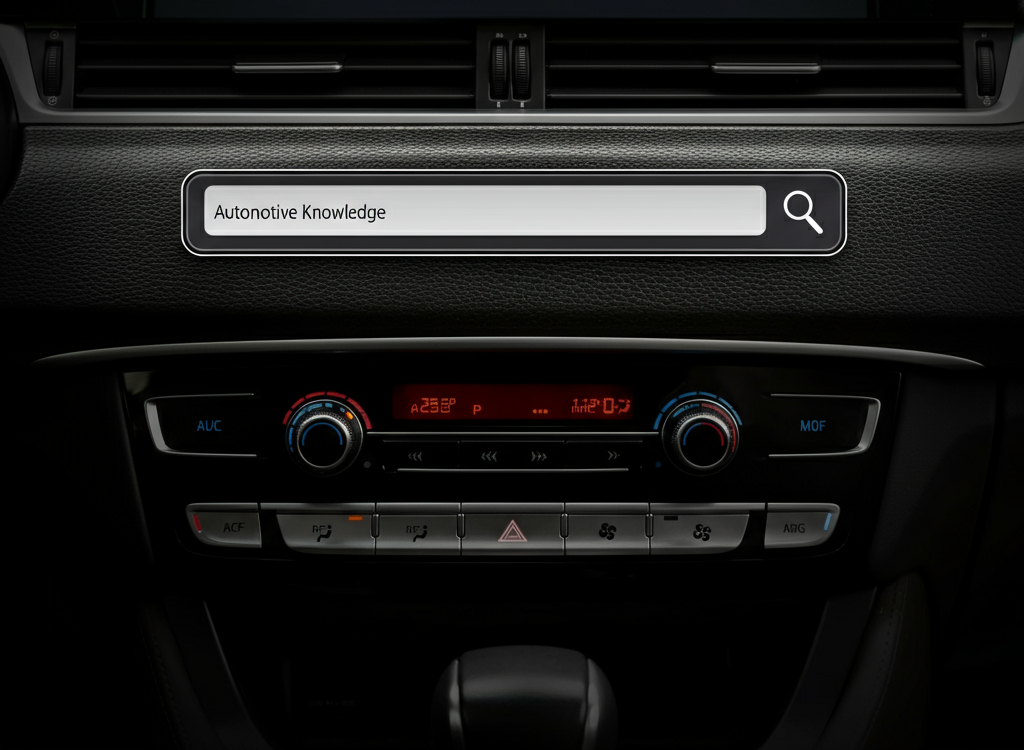 Sleek car dashboard with a search bar overlay, symbolizing automotive knowledge and user-friendly navigation.