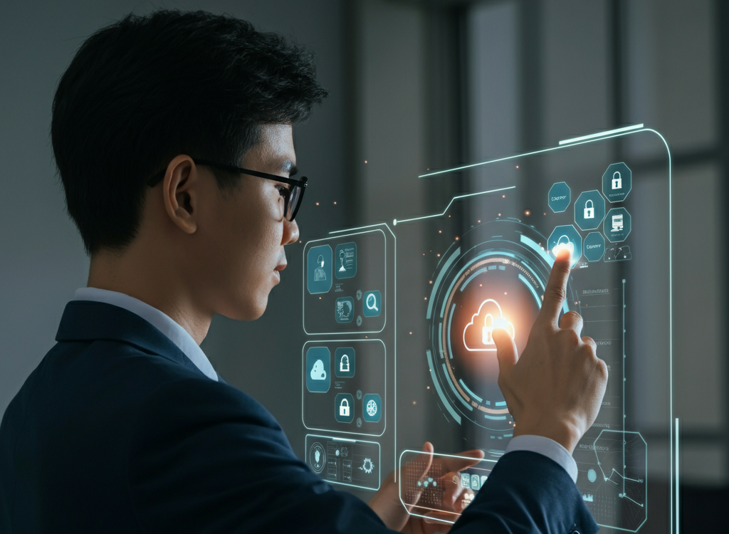 Illustration of an IT consultant using futuristic technology for digital transformation and cybersecurity.