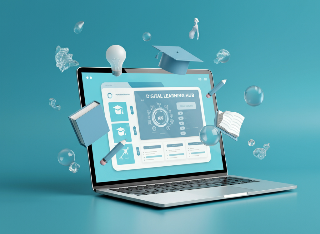 A laptop with educational icons and a dashboard interface, symbolizing digital learning through Launchpad RCBOE.