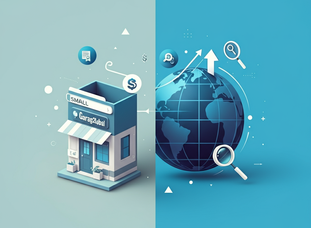 A professional illustration of a small business growing into a global brand through SEO, featuring a globe, upward graphs, and digital icons.