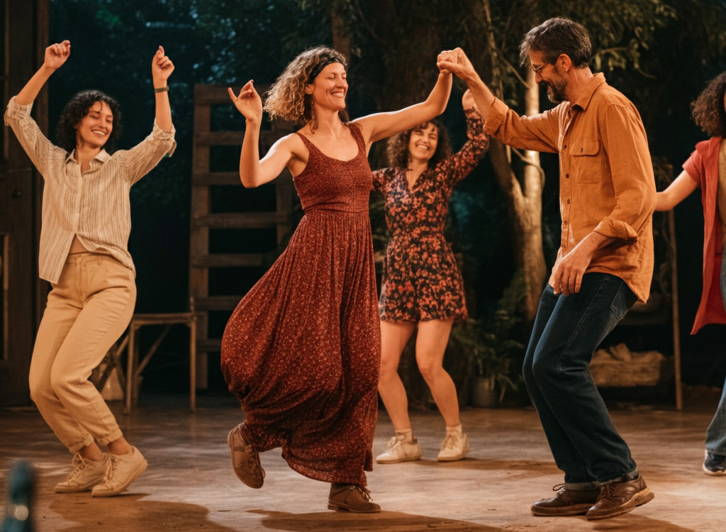 Diverse people connecting through shared moments like dancing and laughing, symbolizing harmony and personal growth.