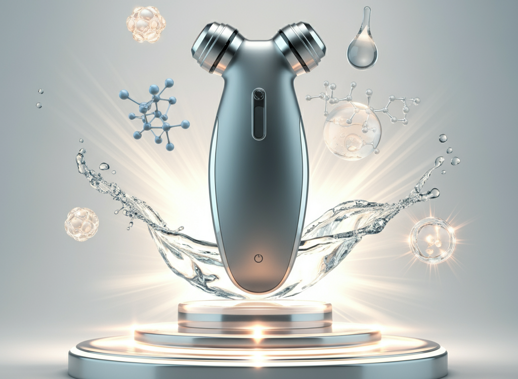 Modern skincare device SkinPres T with glowing skin elements.