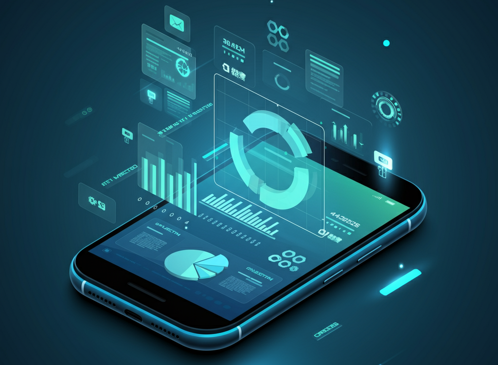 Futuristic mobile marketing concept with smartphone and analytics.